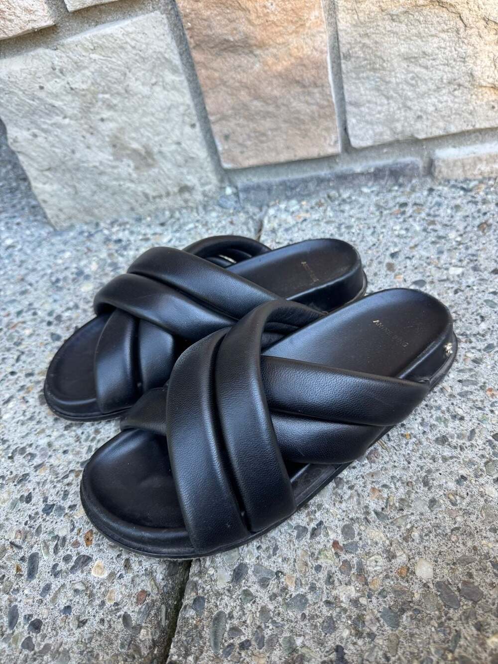 Anine Bing Lizzie Black Leather Padded Cross-Strap Slide Sandals